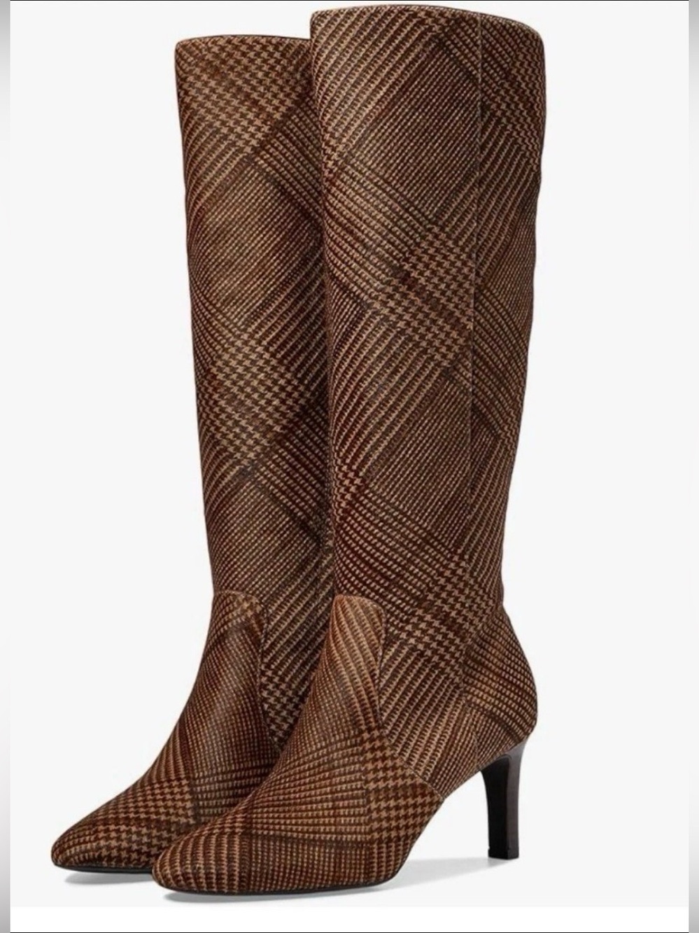 Lauren Ralph Lauren Brown Plaid Knee-High Pointed Toe Boots size 9,5 BNWOT